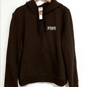 NWT Pink Victoria Secret Black zip up hoodie with rhinestone detailing Size XL